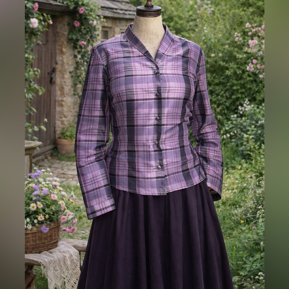 Vintage 1990s Ann Taylor Plaid Silk Button Down Purple & Pink Blouse